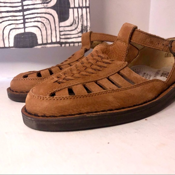 📌SOLD📌Vtg | Rieker Leather Minimalist Sandals Tan Cut Out Fisherman Vintage - Picture 3 of 12